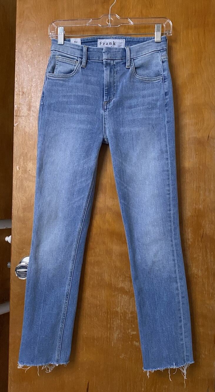 Frank & Eileen Derry Illusion Light Blue Jeans Stretch Raw Ankle Hem Sz 25